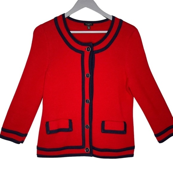 Talbots Cardigan Sweater Red Navy Trim 3/4 Sleeve Pockets Heavy Knit Size Med P - Picture 4 of 12